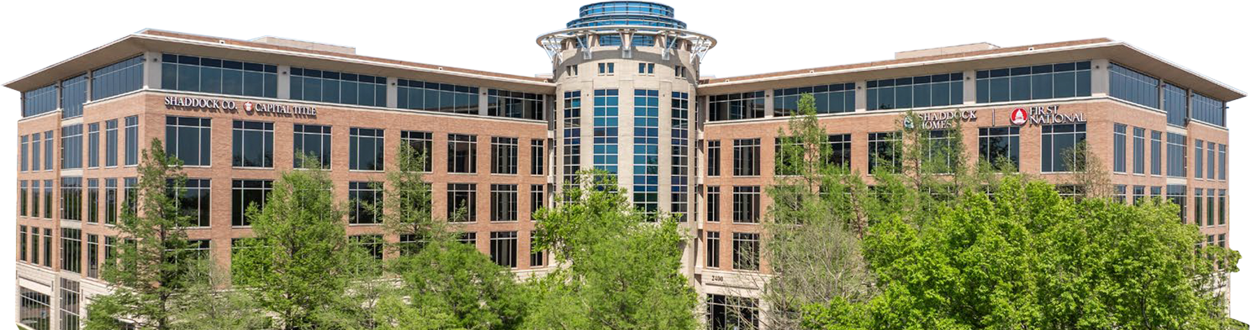 Modern Class A office space with glass and red brick design.